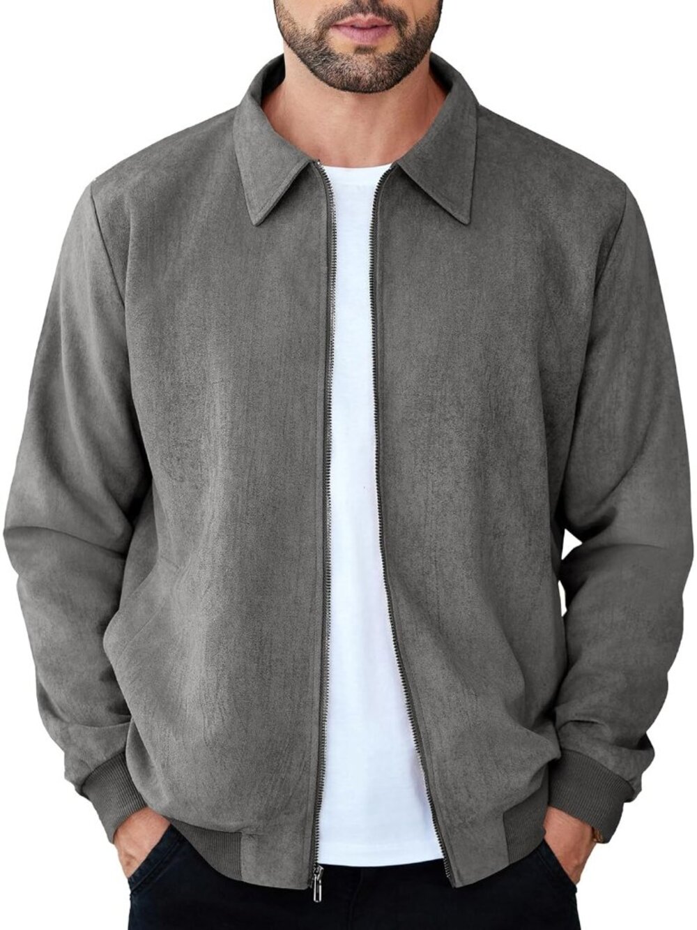 Men's Dark Grey Faux Suede Full Zip Lightweight Casual Imported Bomber Jacket